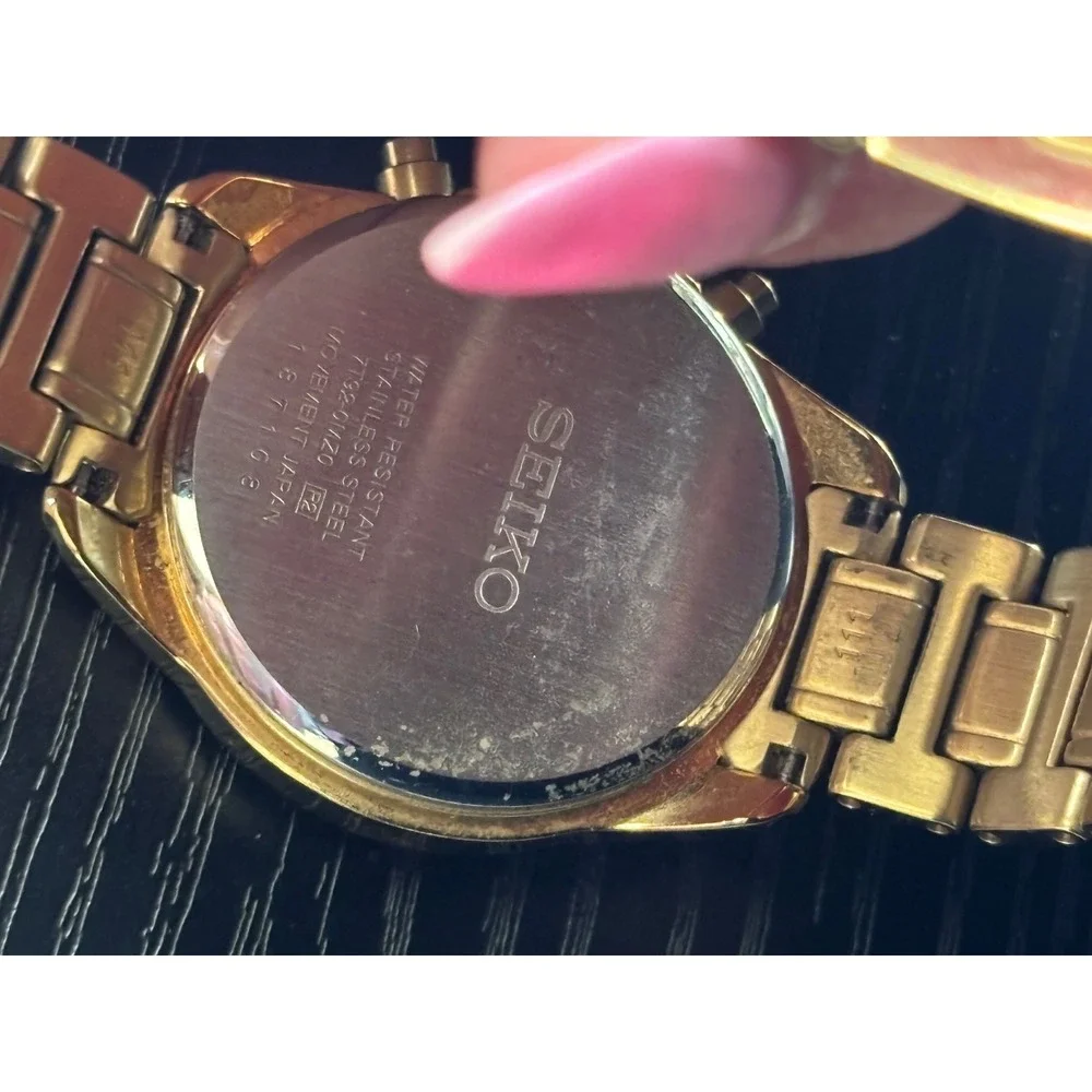 Seiko Chronograph Gold Tone Crystal Bezel Watch 7T92-0MZ0 Womens Stainless Steel